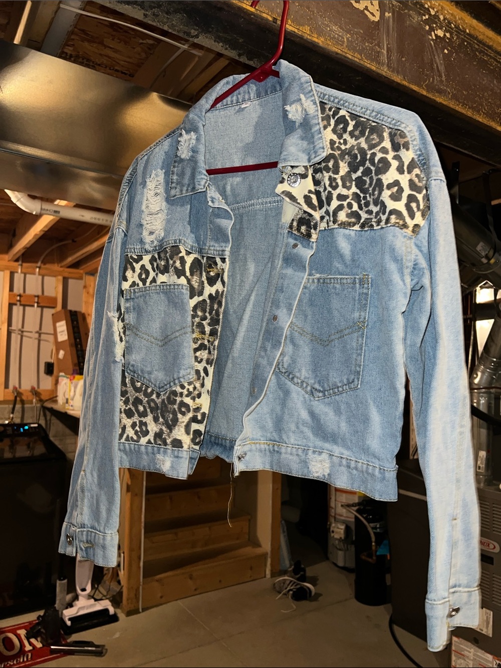 Women's Light Blue Denim Jacket with Leopard Panels